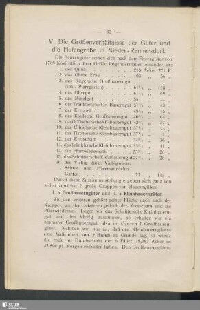 V. Die Größenverhältnisse der Güter und die Hufengröße in Nieder-Rennersdorf