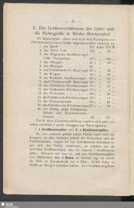 V. Die Größenverhältnisse der Güter und die Hufengröße in Nieder-Rennersdorf