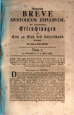 Sogenanntes Breve Apostolicum Expulsivum : mit nebenseitigen Erleuchtungen von Satz zu Satz des Unterschubs überzeuget, und ganz zu nichte gemacht