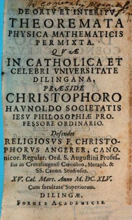 De Ortv Et Interitv Theoremata Physica Mathematicis Permixta