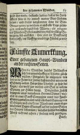 Fünffte Anmerkkung. Einer gehauenen Haupt-Wunden an der rechten Seiten. - Sechste Anmerkkung. Einer gehauenen Wunde/ über das rechte Knie.