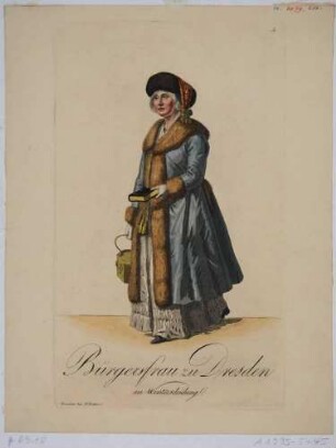 Eine Dresdner Bürgersfrau in typischer Winterkleidung, Blatt 5 aus der Folge von Kostümen in Sachsen bei Rittner 1803-1808