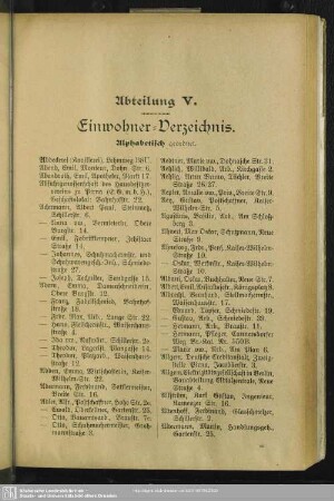 Abteilung V. Einwohnerverzeichnis : Abteilung V. Einwohner-Verzeichnis. Alphabetisch geordnet.