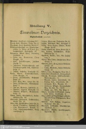 Abteilung V. Einwohnerverzeichnis : Abteilung V. Einwohner-Verzeichnis. Alphabetisch geordnet.