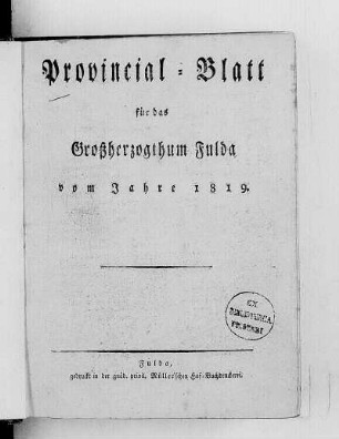 1819: Provinzial-Blatt für das Großherzogthum Fulda