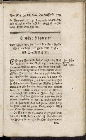 Sechster Abschnitt. Von Regierung der lezten besondern tirolischen Landsfürsten Ferdinand Karl, und Siegmund Franz.