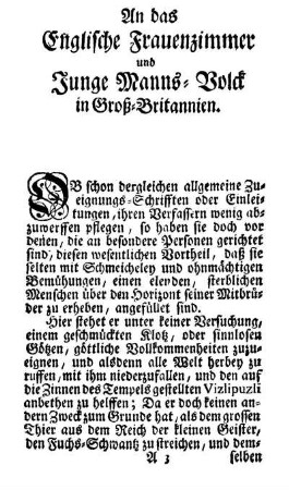 An das Englische Frauenzimmer und Junge Manns-Volck in Groß-Britannien.