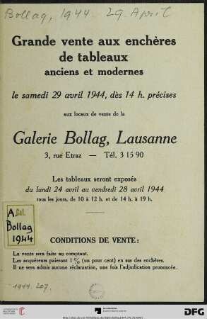 Grande vente aux enchères de tableaux anciens et moderns : 29 avril 1944
