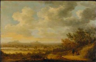 Abendliche Flusslandschaft mit rastenden Wanderern