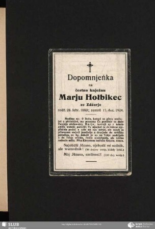 Dopomnjeńka na čestnu knježnu Marju Hołbikec ze Zdźerje