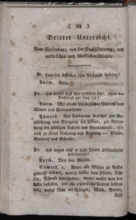 Dritter Unterricht. Vom Wiesenbau; von der Stallfütterung; von natürlichen und künstlichen Wiesen.