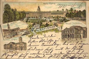 Postkartenalbum. "Gruss aus Karlsruhe". Großherzogliches Schloss, Marktplatz, Hoftheater und Rathaus