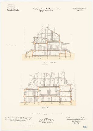 Kadettenhaus der Garnison Potsdam Ergänzungsbauten: Offiziersspeiseanstalt: Längsschnitt, Querschnitt 1:100