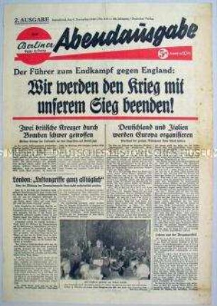 Titelblatt der Abendausgabe der "Berliner Volks-Zeitung" u.a. zur Rede Hitlers am 8. November 1940