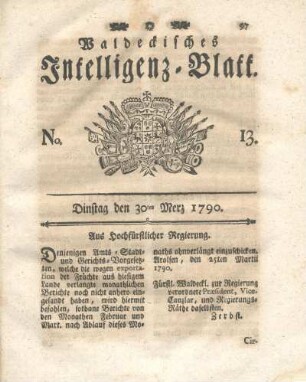 No. 13, Dinstag den 30ten Merz 1790