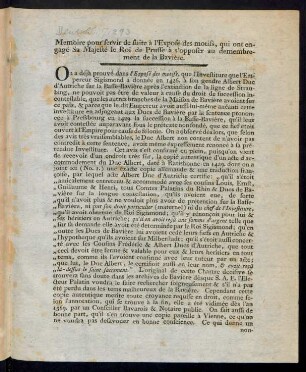 Mémoire pour servir de suite à l'Exposé des motifs, qui ont engagé Sa Majesté le Roi de Prusse à s'opposer au démembrement de la Bavière : [Berlin, le 14 Juillet 1778.]