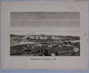 Dresden während der Belagerung und Bombardierung durch die preußische Armee im 7-jährigen Krieg 1760 von Norden mit brennenden Vorstädten, aus den Abbildungen zur Chronik Dresdens von 1835