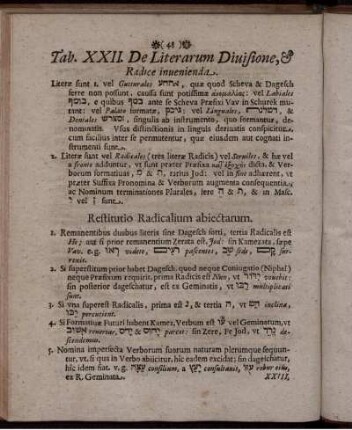 Tab. XXII. De Literarum Divisione, & Radice invenienda