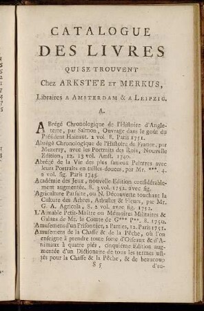 Catalogue Des Livres Qui Se Trouvent Chez Arkstée Et Merkus