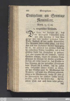 Evangelium am Sonntage Reminiscere. Matth. 15, 21 - 28.