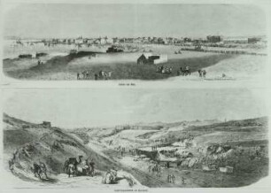 Ägypten. Ansicht von Suez (oben) und Suez-Kanal im Bau (unten), Illustration, 1869