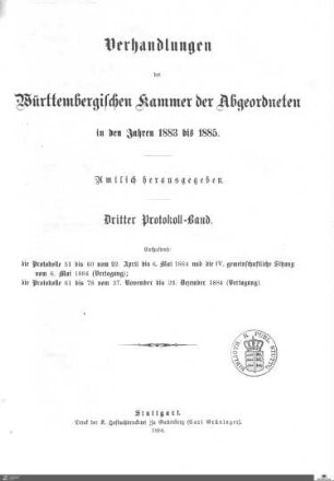 2,58: Landtag Württemberg - Kammer 2, Protokolle 1883-1885, Bd. 3