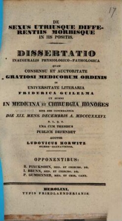 De sexus utriusque differentiis morbisque in iis positis : dissertatio inauguralis physiologico-pathologica
