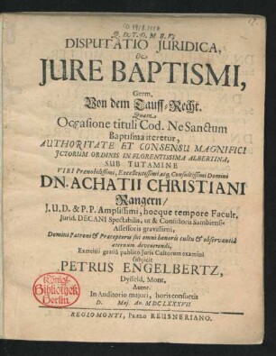 Disputatio Iuridica, De Iure Baptismi, Germ. Von dem Tauff-Recht