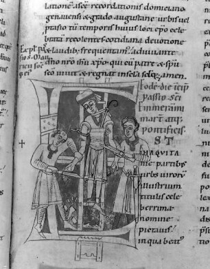 Stuttgarter Passionale — Heilige der pars aestiva (zweiter Band) — Initiale E, darin Martyrium des heiligen Emmeram, Folio 1077recto