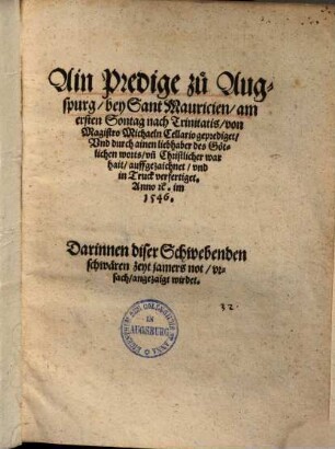Ain Predige zu Augspurg bey Sant Mauricien am ersten Sontag nach Trinitatis