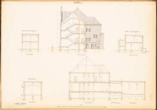 Hauptsteueramt, Cottbus: Seitenansicht mit Schnitt, Stall und Abbort: Querschnitt, Längsschnitt, Zollschuppen Schnitt, Längsschnitt durch alle Gebäudeteile 1:100