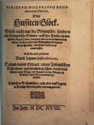Variorum discursuum Bohemicorum Nervus : oder Hussiten Glock...