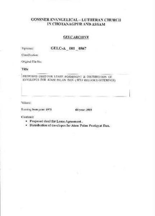 Proposal deed for lease agreement & distribution of envelopes for Atam Palan Dan