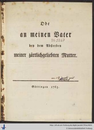 Ode an meinen Vater bey dem Absterben meiner zärtlich geliebten Mutter