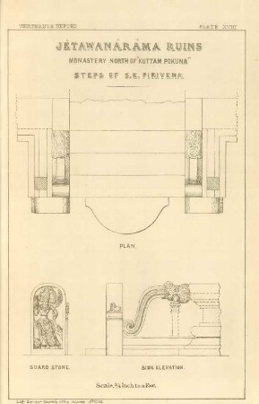 Plate XVIII. Jêtawanârâma ruins. Monastery north of "Kuttam Pokuna". Steps of S. E. Pirivena. Plan. Guard stone. Side elevation.
