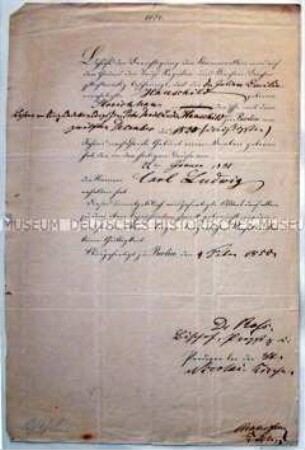 Berufung von Karl Ludwig Hauschild zum Regierungsrat (Berlin 28. März 1868), beiliegend Übergabeschreiben von Finanzminister von der Heydt, Berlin 1. April 1868