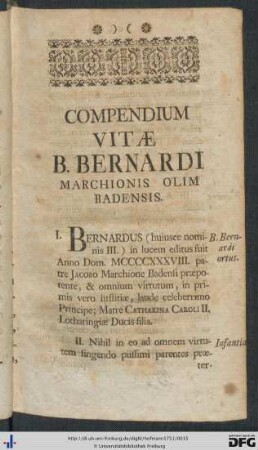 Compendium Vitae B. Bernardi Marchionis Olim Badensis.