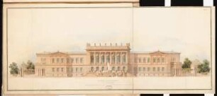 Vereinshaus, Berlin Schinkelwettbewerb 1864: Aufriss Vorderansicht Gartenansicht, nach Osten); Maßstabsleiste