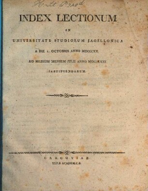 Index lectionum in Universitate Studiorum Jagellonica. 1820/21