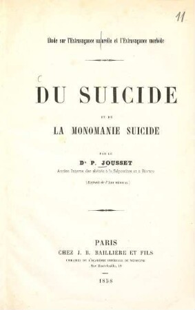Du suicide et de la monomanie suicide : Étude sur lÉxtravagance naturelle et lÉxtravagance morbide