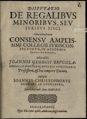 Disputatio de regalibus minoribus, seu iuribus fisci