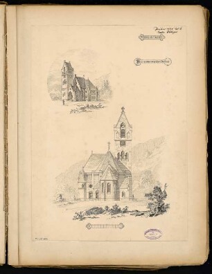 Evangelische Dorfkirche Monatskonkurrenz Januar 1890: Aufriss Choransicht, perspektivische Ansicht; Maßstabsleiste