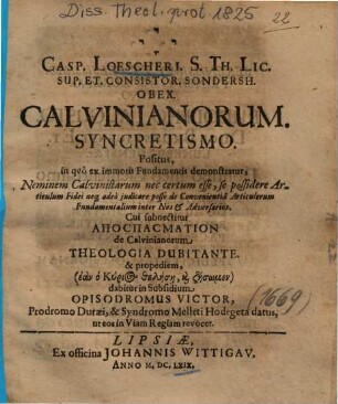 Casp. Loescheri. ... Calvinianorum. Syncretismo.