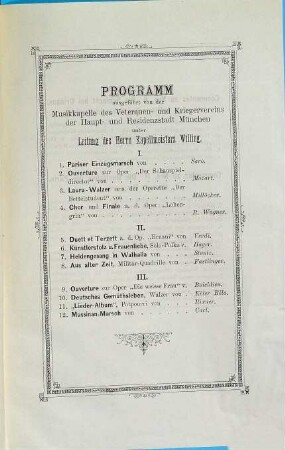 Bundesfest 1884. Programm zur Begrüssungs-Feier der Bundes-Kameraden am Samstag den 10. Mai 1884 in Kil's Colosseum : Bayerischer Veteranen-, Krieger- & Kampfgenossen-Bund.
