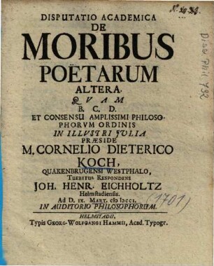 Disputatio Academica De Moribus Poëtarum Altera