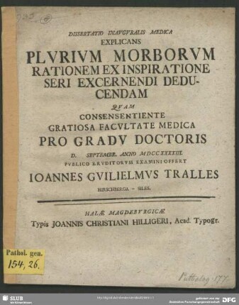 Dissertatio Inavgvralis Medica Explicans Plvrivm Morborvm Rationem Ex Inspiratione Seri Excernendi Deducendam