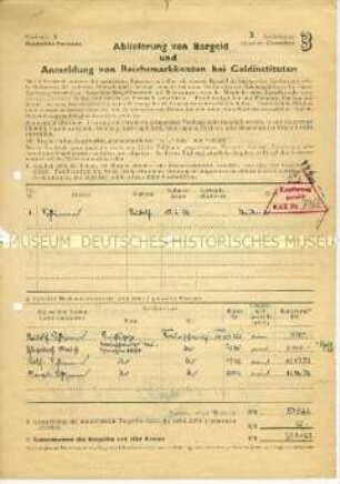 Ausgefülltes Formular über die Ablieferung von Bargeld im Rahmen der Währungsreform 1948