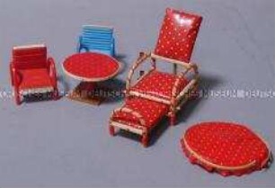 Puppenstubengarten-Sitzmöbel (Liegestuhl, Tisch, Sonnenschirm, Sessel 2 St.)