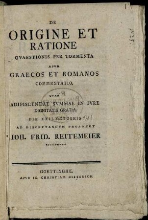 De Origine Et Ratione Quaestionis Per Tormenta Apud Graecos Et Romanos Commentatio