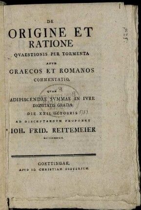 De Origine Et Ratione Quaestionis Per Tormenta Apud Graecos Et Romanos Commentatio